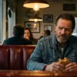 A man looking disappointed at a burger in a dimly lit diner booth.