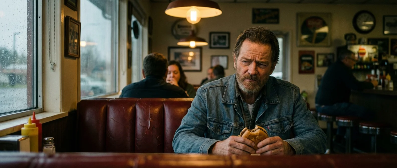 A man looking disappointed at a burger in a dimly lit diner booth.