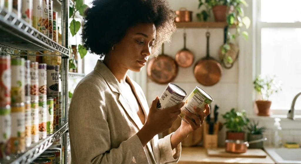A shopper comparing canned bean labels in a bright grocery store aisle.