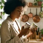 A shopper comparing canned bean labels in a bright grocery store aisle.
