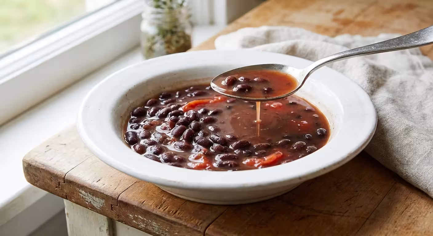 A bowl of watery black beans in tomato sauce showing a thin consistency.
