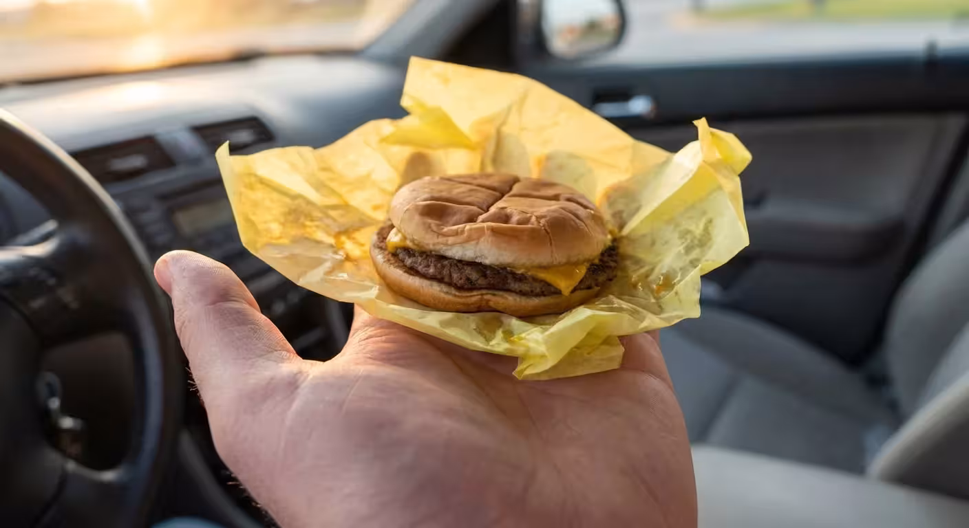 A hand holding a small, messy fast food burger inside a car.