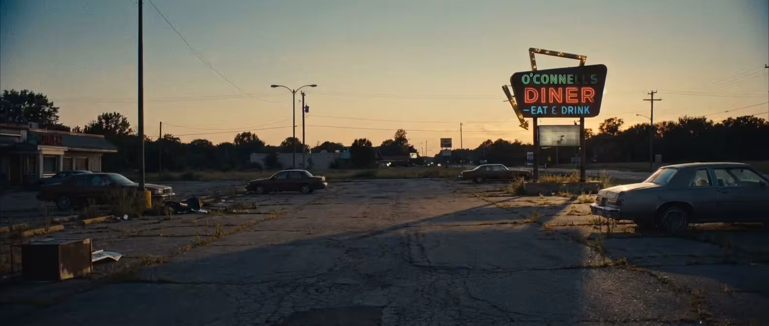 A lonely, empty restaurant parking lot at sunset with a glowing sign.