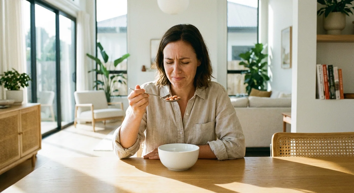 A person looking disappointed while eating a bowl of beans at a table.