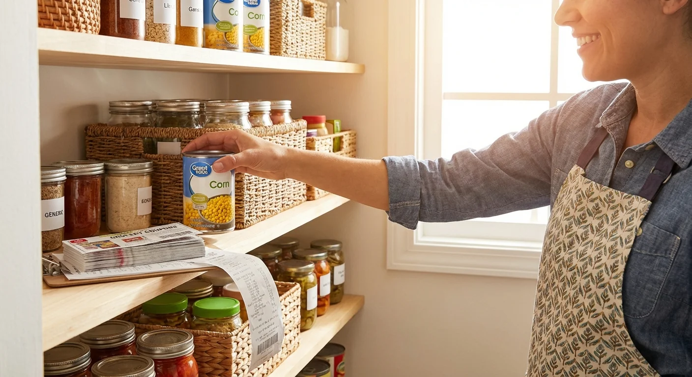 A person organizing canned goods in a pantry next to a grocery receipt.