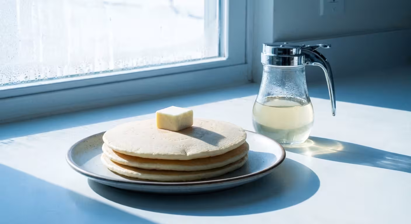 A stack of plain pancakes with a pat of butter in cold morning light.