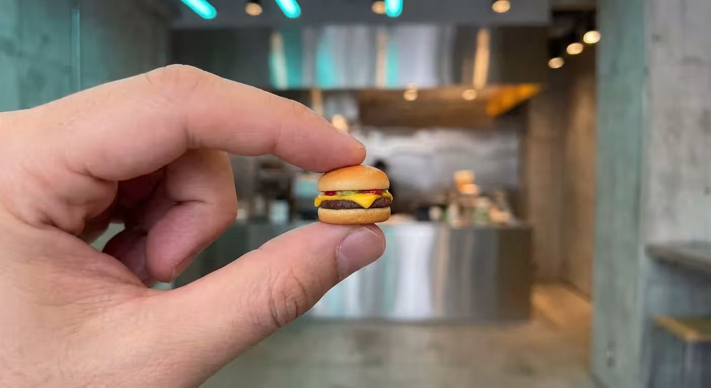 A very small cheeseburger held in a large hand.