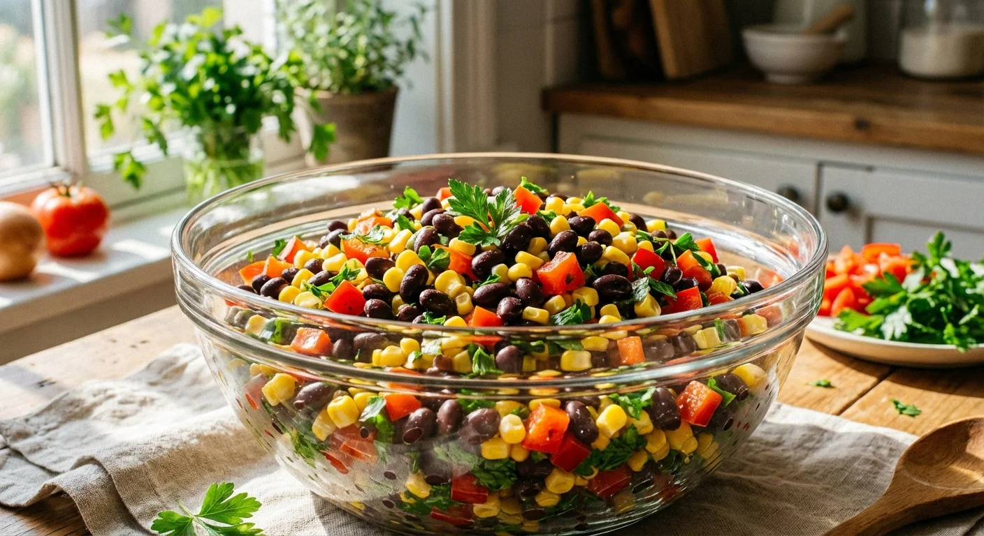 A vibrant and colorful bean salad with fresh vegetables in a glass bowl.