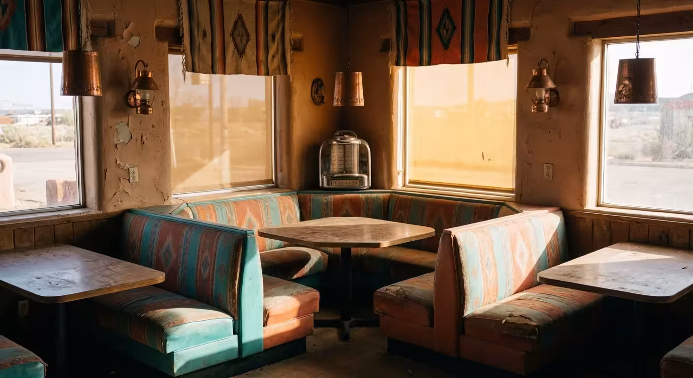 An empty, colorful restaurant booth with a lonely atmosphere.