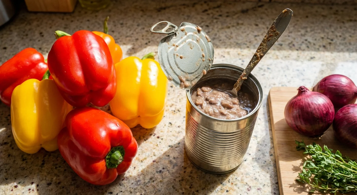 An open can of beans on a kitchen counter next to fresh vegetables.