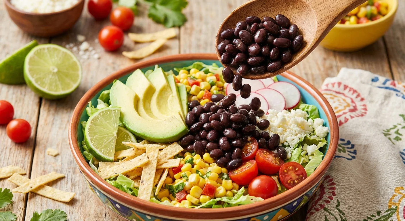 Black beans being added to a fresh taco bowl with avocado and lime.