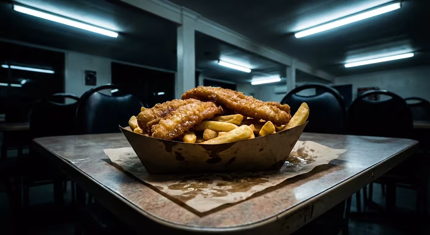 Fried fish in a basket under harsh light in an empty restaurant.