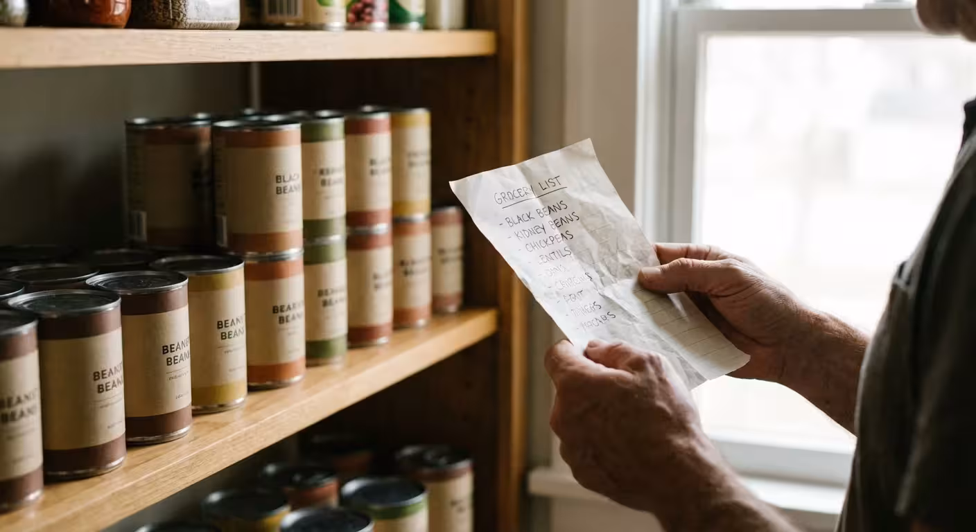 Hands holding a grocery list in front of a pantry shelf with canned goods.