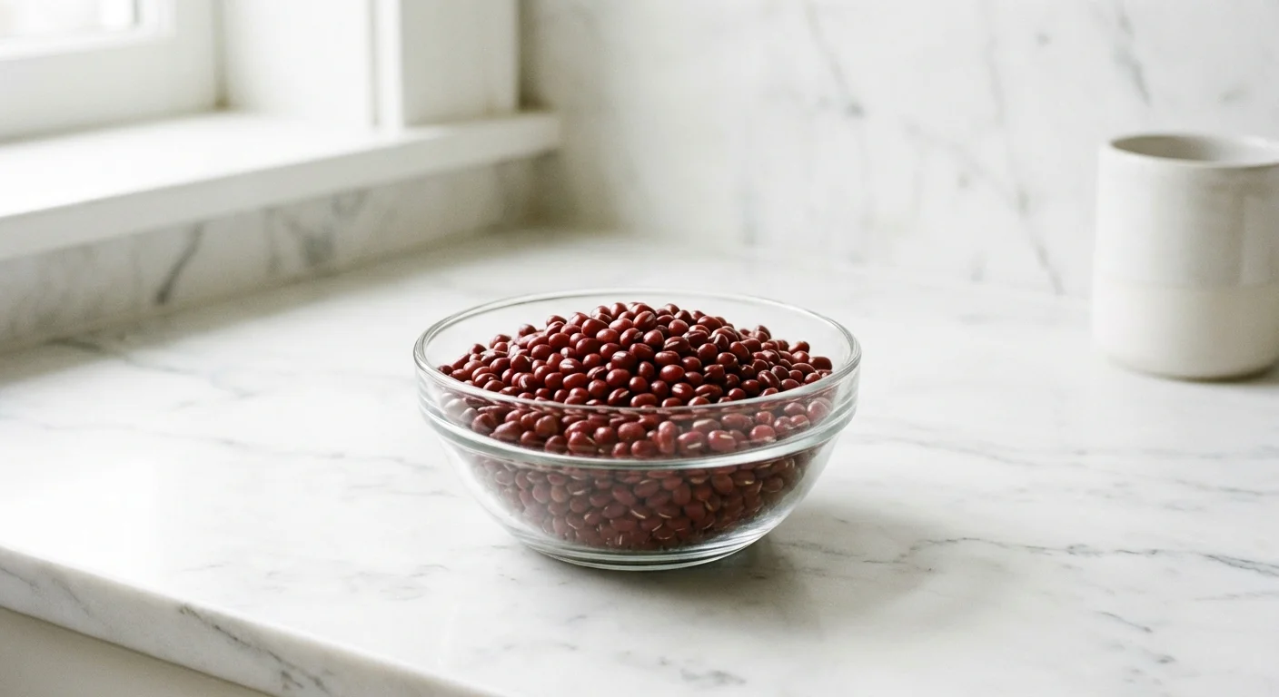 High-quality organic beans in a clear glass bowl on a white marble surface.