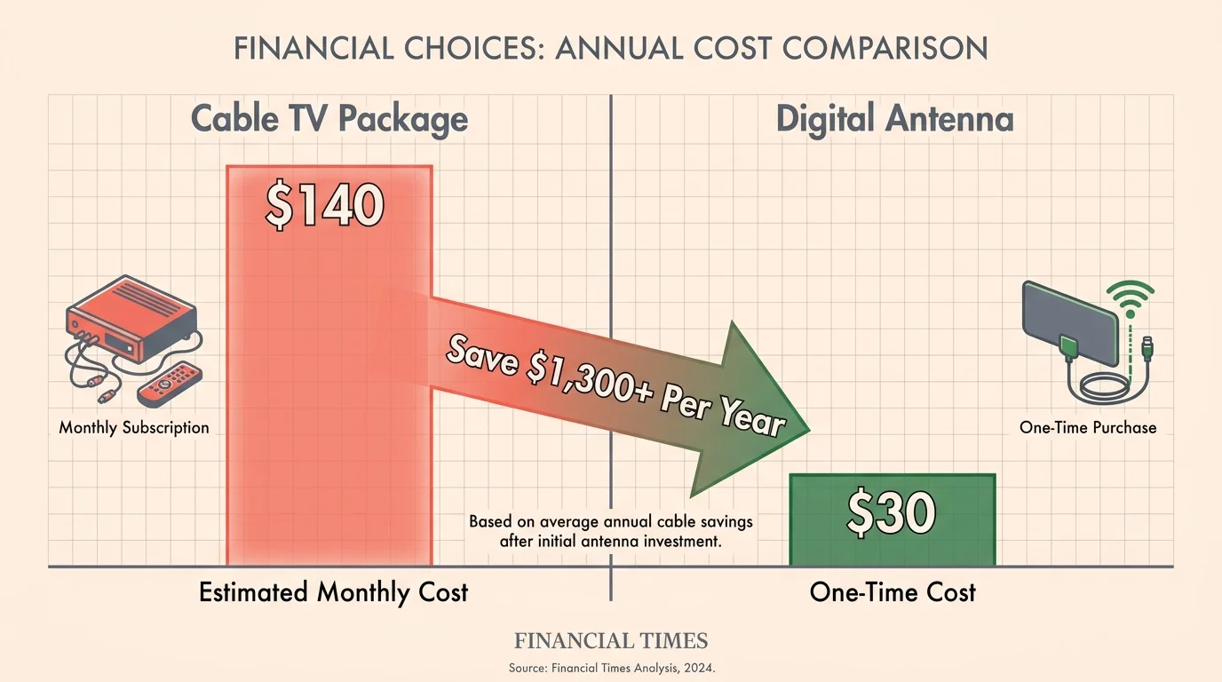 A bar chart comparing the $140 monthly cost of cable TV to a one-time $30 digital antenna purchase, highlighting annual savings.