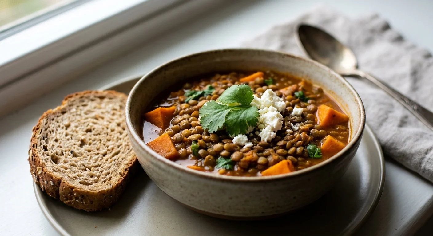 A close-up, appetizing photo of a lentil and sweet potato stew, emphasizing meatless savings.