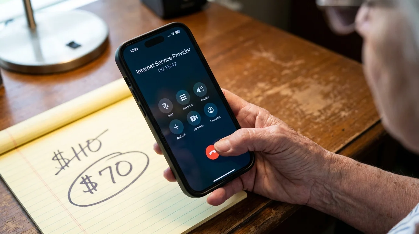 A close-up of a hand holding a phone during a call to an internet provider, with notes showing a bill reduction.