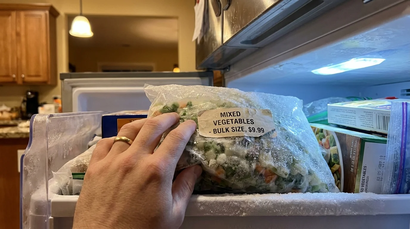 A close-up photo of a hand reaching for a bag of frozen mixed vegetables in a frosty freezer drawer.