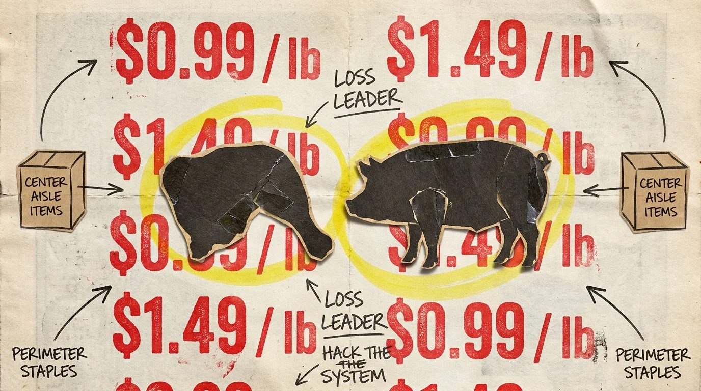 A collage using newsprint and red stamps to highlight grocery store loss leader prices like $0.99 chicken.