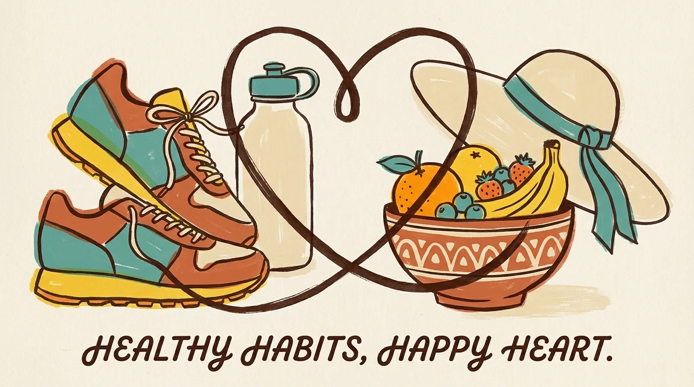 A colorful illustration of walking shoes, fruit, and a water bottle, symbolizing a healthy, preventative lifestyle.