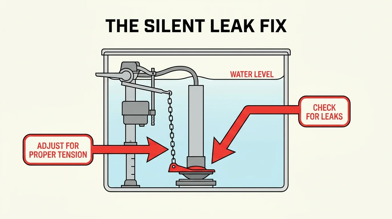 A cross-section diagram of a toilet tank highlighting the flapper and chain with instructions to check for leaks.
