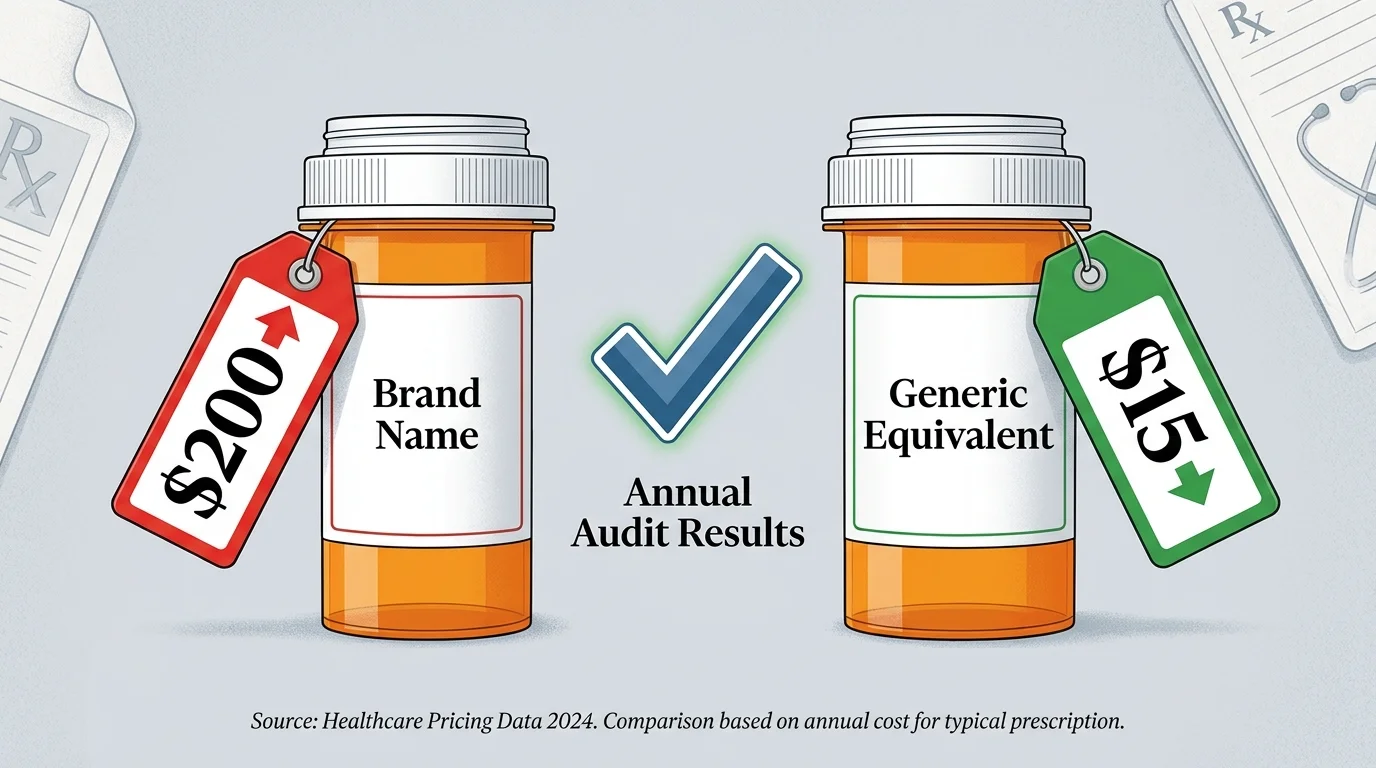 A diagram comparing a $200 brand-name prescription bottle to a $15 generic equivalent.