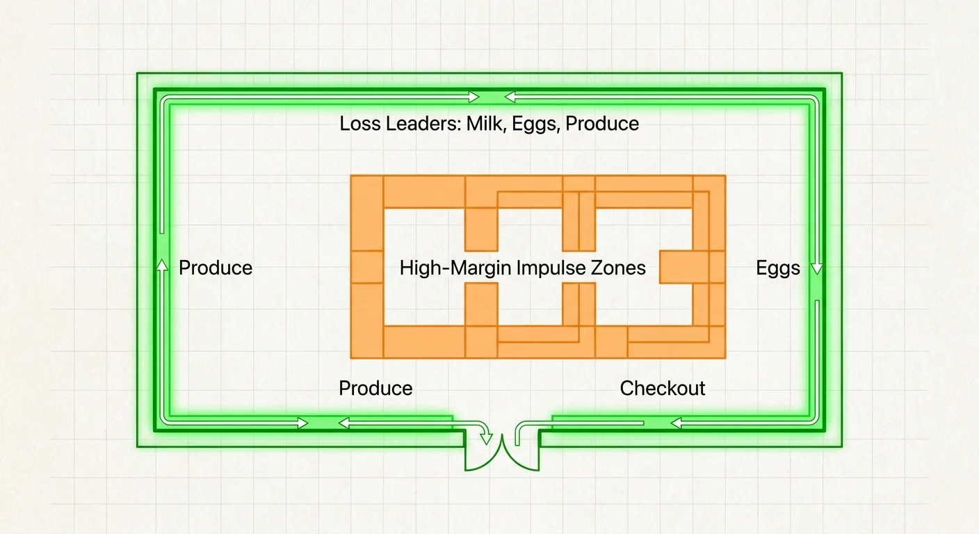 A diagram of a grocery store layout highlighting the perimeter as the zone for savings.