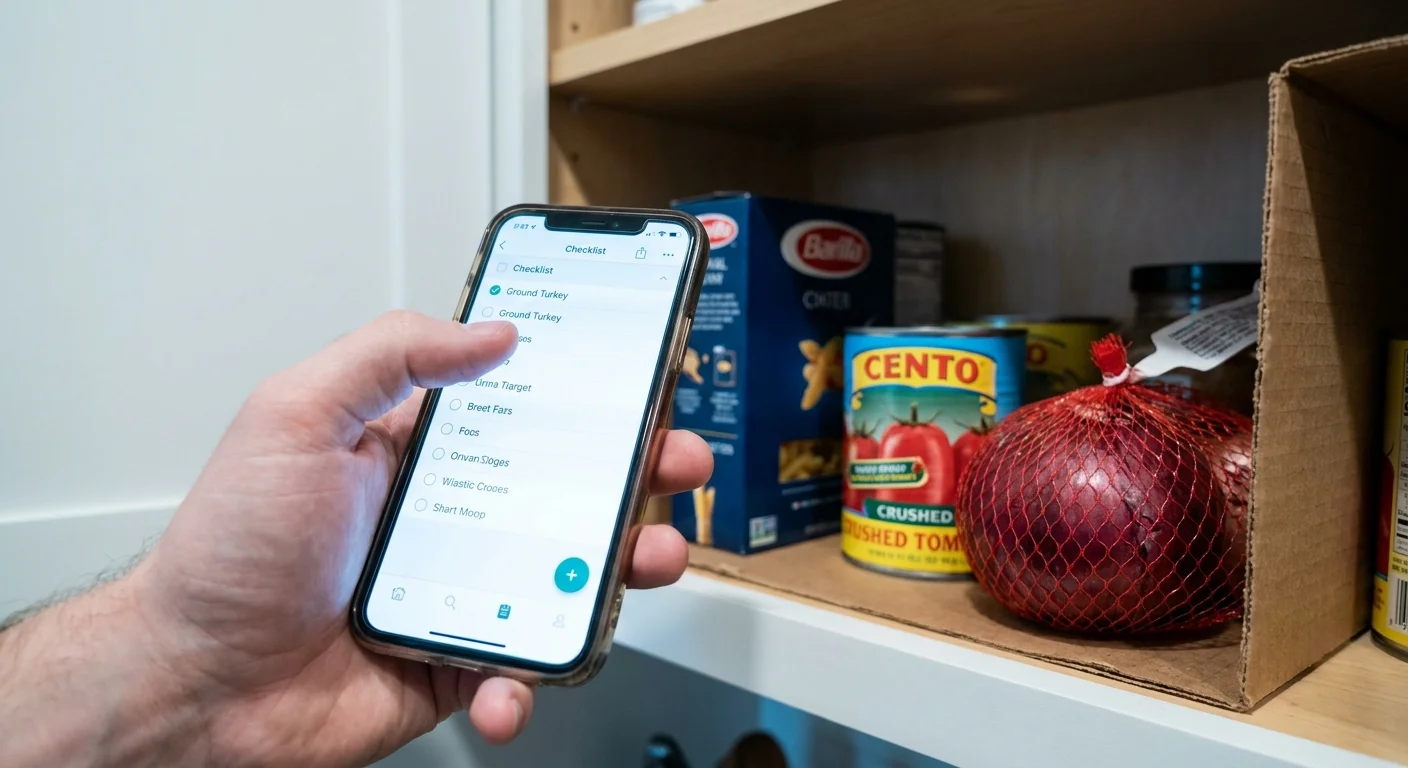 A first-person view of checking a grocery list on a phone while looking into a home pantry.
