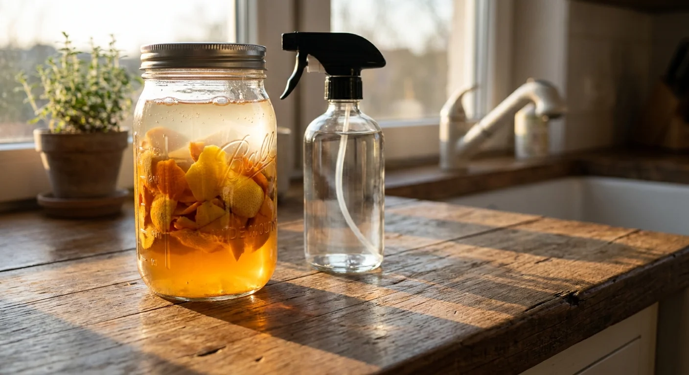 A glass jar filled with orange peels and vinegar sits on a sunny kitchen counter next to a spray bottle.