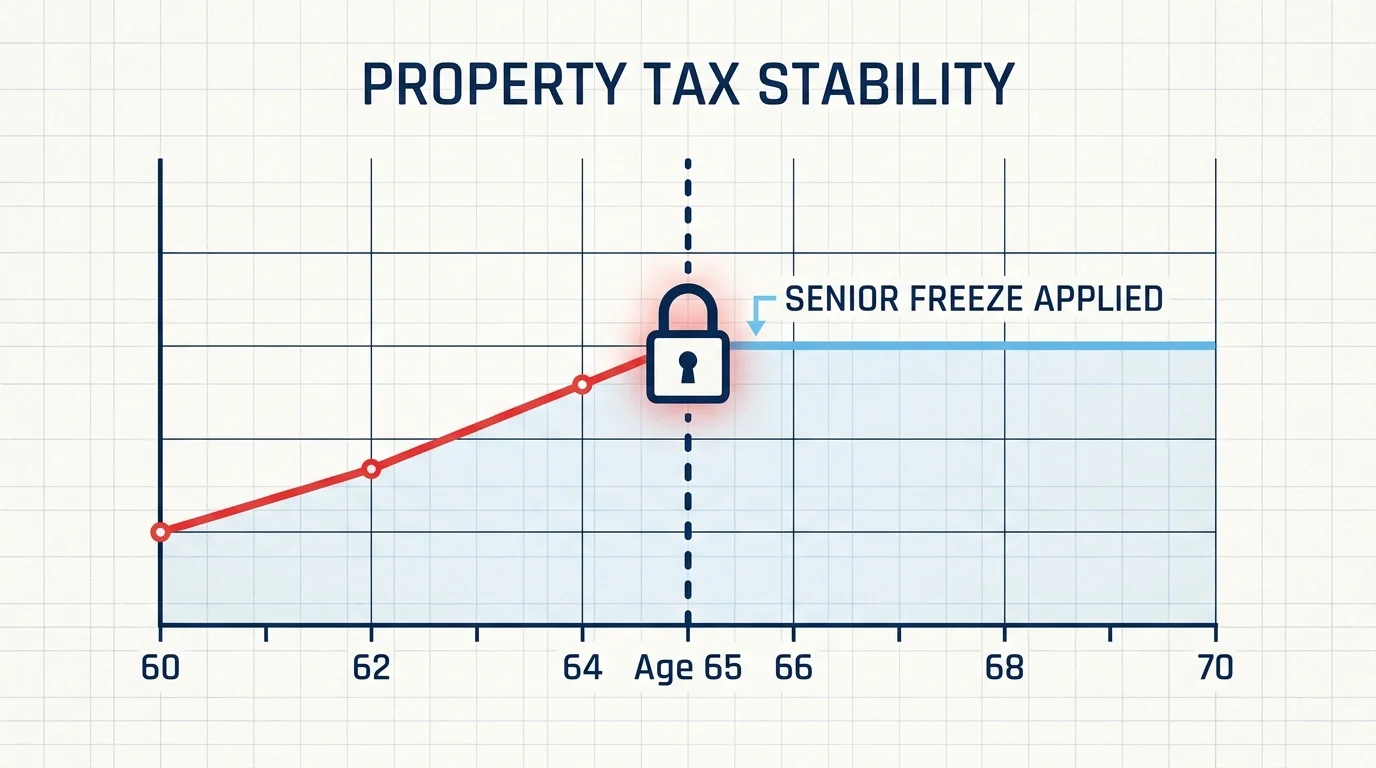 A graph showing property taxes rising until age 65, where they flatline due to a senior tax freeze.