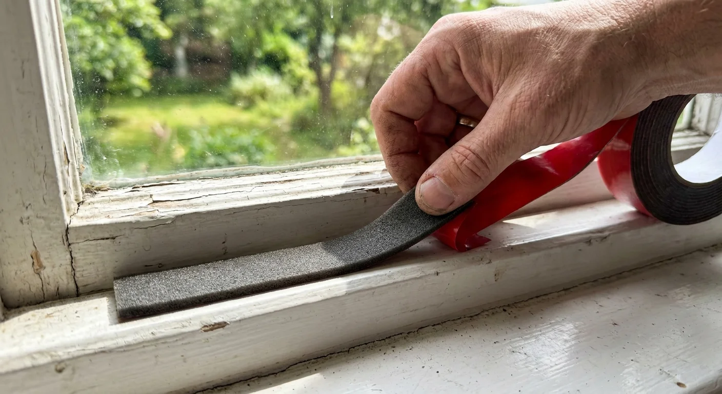 A hand applies adhesive foam weatherstripping to a white wooden window frame to stop energy-wasting drafts.