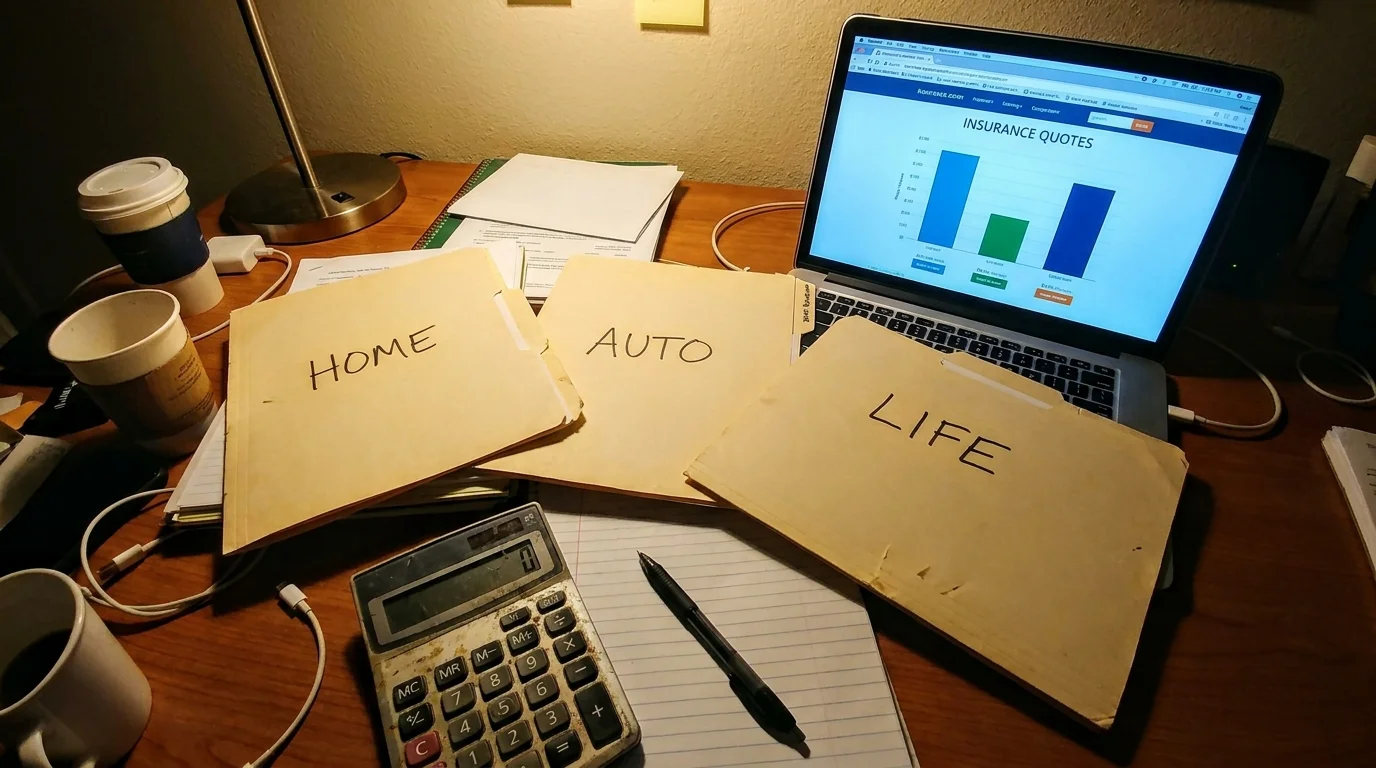 A home desk with insurance policy folders, a calculator, and a laptop screen comparing different rates.