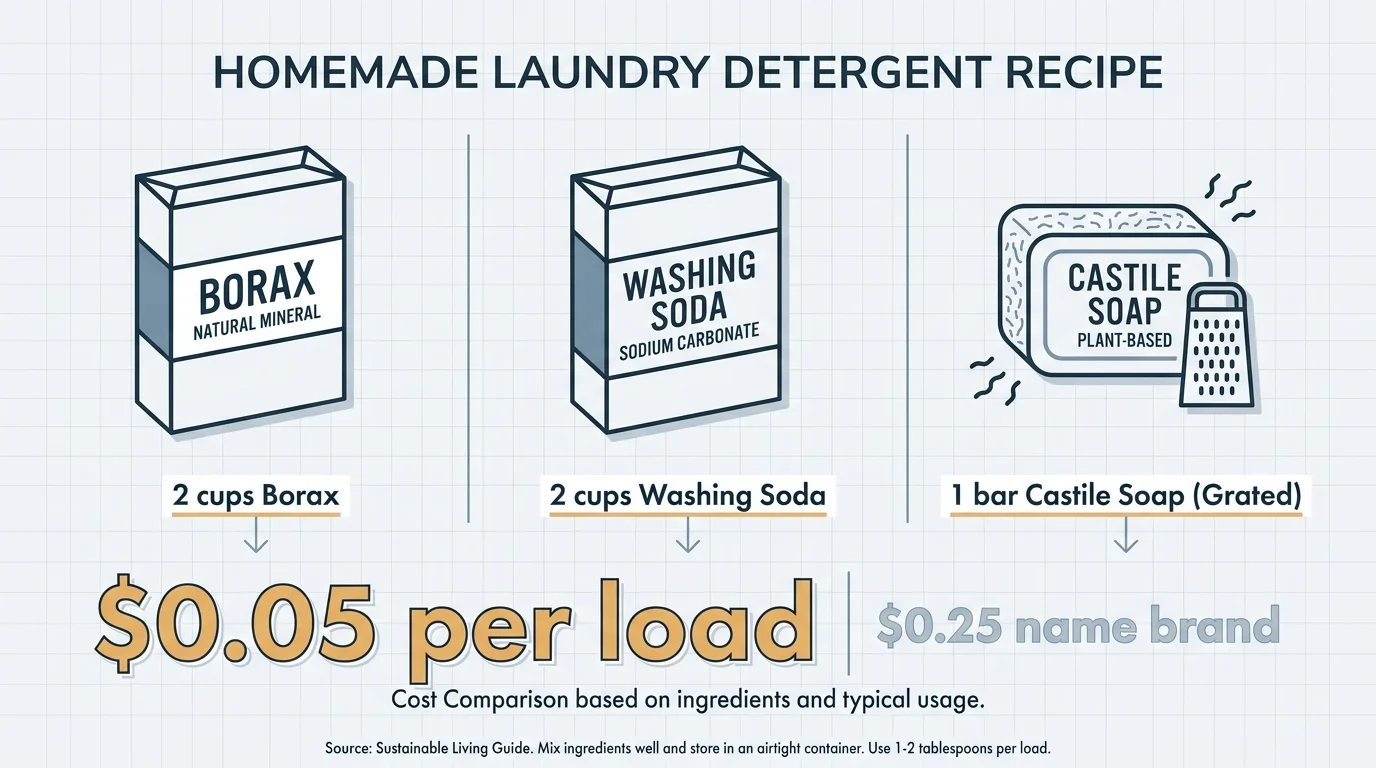 A horizontal infographic showing the ingredients for DIY laundry detergent: Borax, washing soda, and castile soap, highlighting the 5-cent c