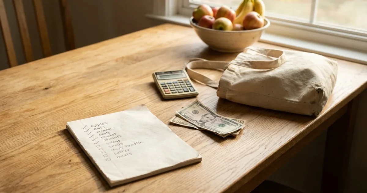 A kitchen table with a handwritten shopping list, a calculator, and saved cash, representing organized grocery planning.