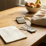 A kitchen table with a handwritten shopping list, a calculator, and saved cash, representing organized grocery planning.