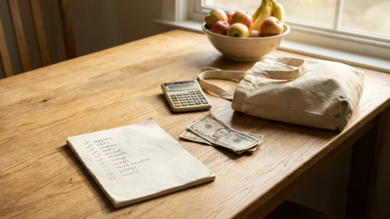 A kitchen table with a handwritten shopping list, a calculator, and saved cash, representing organized grocery planning.