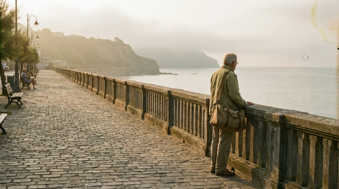 A lone senior traveler walks down a peaceful, uncrowded cobblestone street during the off-season.