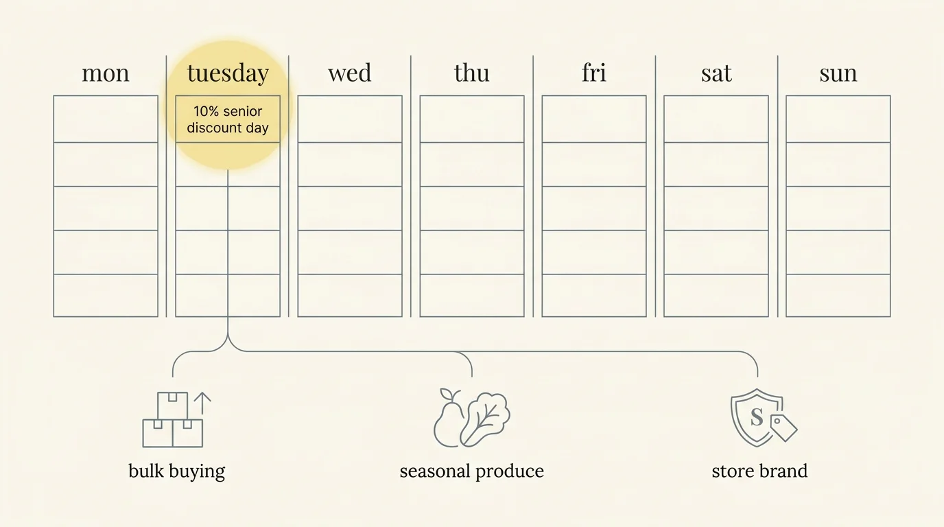 A minimalist calendar diagram highlighting 'Tuesday' as a 10% senior discount day for grocery shopping.