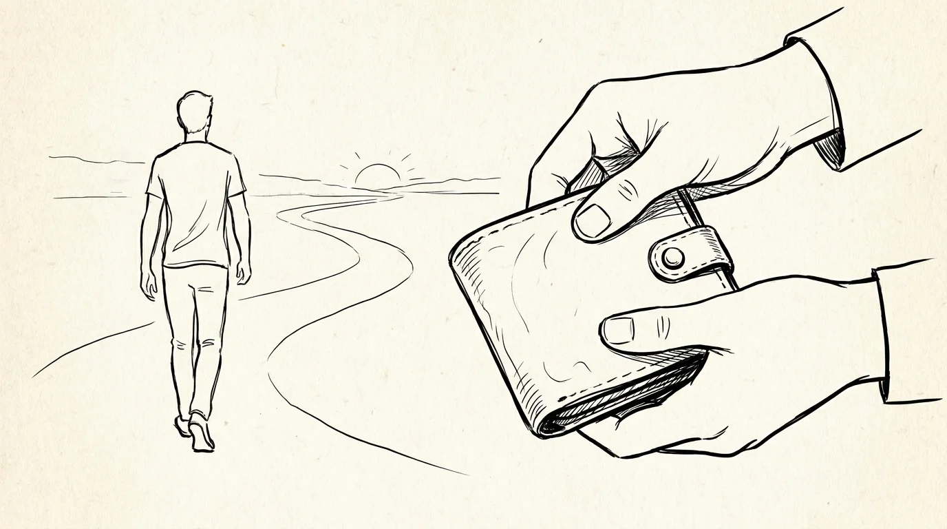 A minimalist ink drawing of hands closing a wallet, symbolizing the setting of financial boundaries.