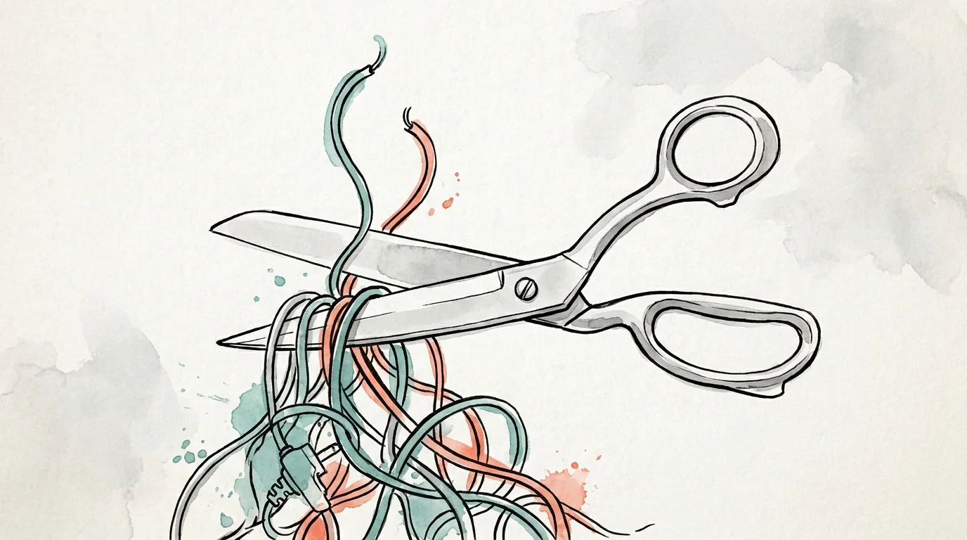 A minimalist watercolor illustration of silver shears cutting through a bundle of colorful cables and cords.