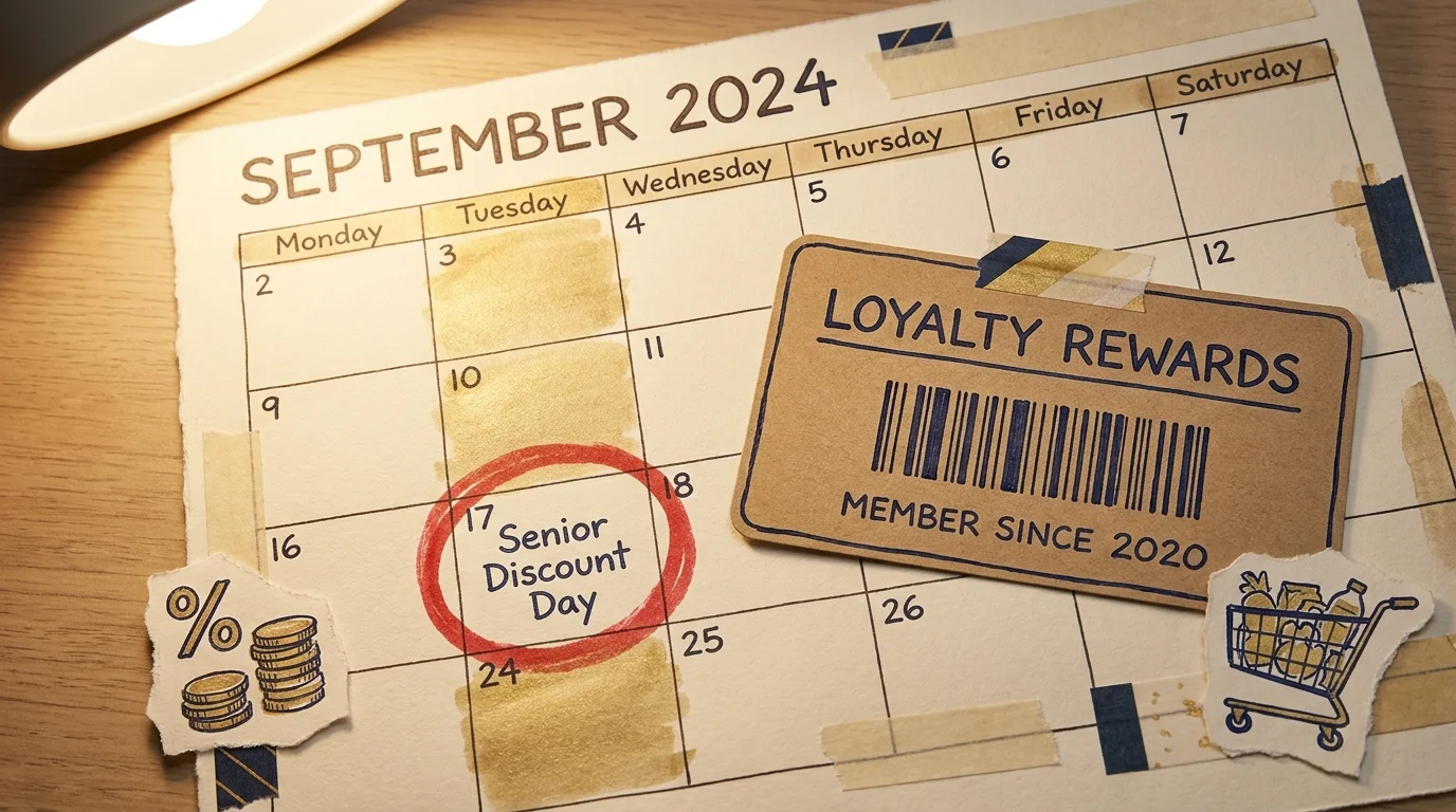 A mixed media calendar with Tuesday circled for Senior Discount Day next to a loyalty card illustration.