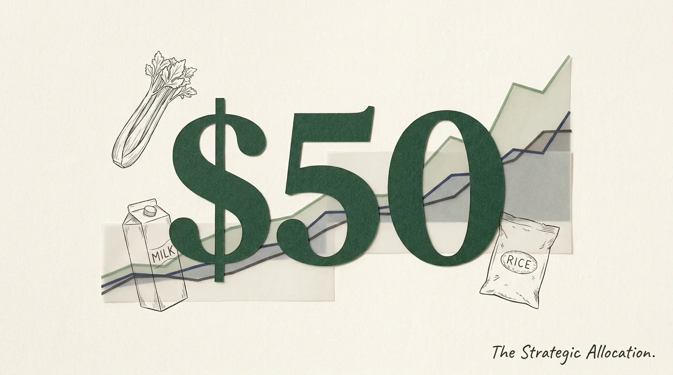 A mixed media collage featuring a large $50 sign surrounded by grocery sketches and inflation graphs on textured paper.