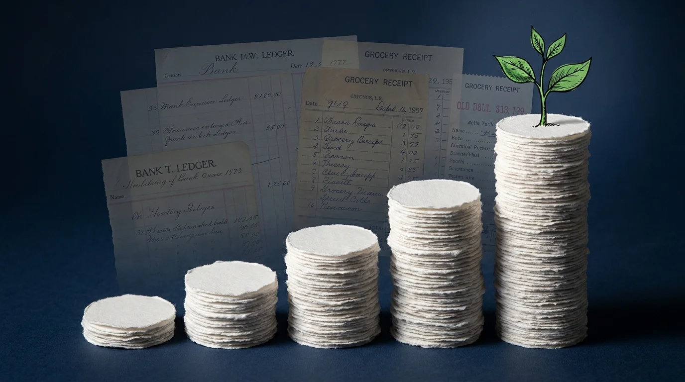 A mixed media piece showing stacks of paper coins turning into a growing plant against a background of old ledgers.