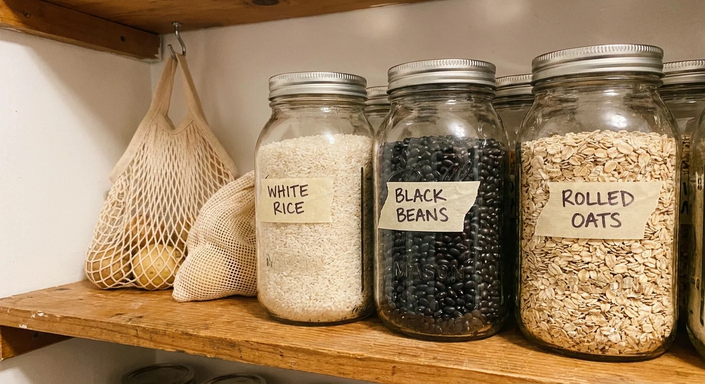 A pantry shelf with glass jars filled with bulk staples like rice and beans.