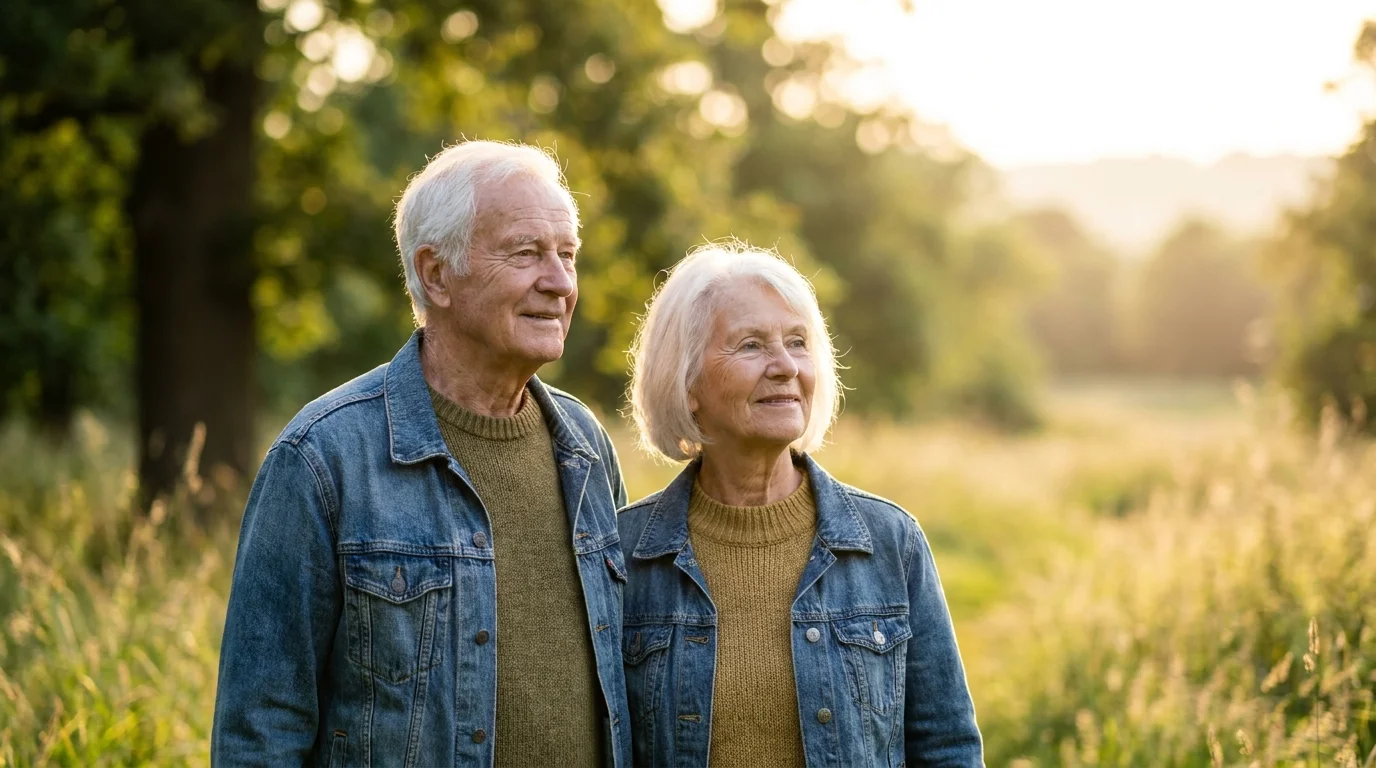 A peaceful portrait of a senior couple looking toward the future with confidence and calm.