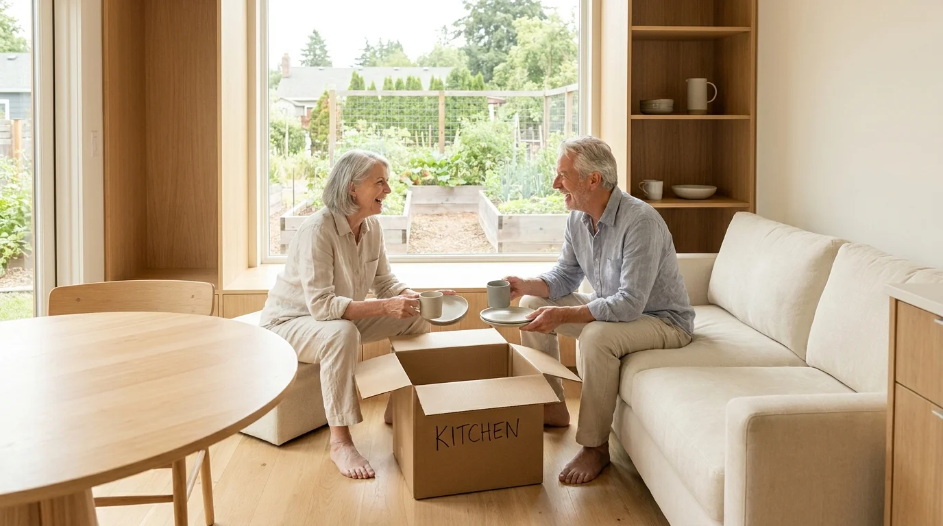 A senior couple cheerfully unpacks a box labeled 'KITCHEN' in a bright, modern, downsized apartment.