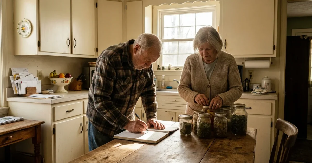 A senior couple in a sunny kitchen, one person writing in a ledger while the other organizes jars of supplies, evoking a sense of budget-con