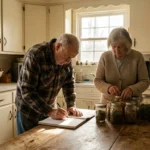 A senior couple in a sunny kitchen, one person writing in a ledger while the other organizes jars of supplies, evoking a sense of budget-con