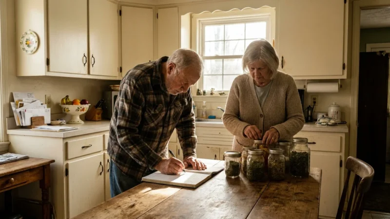 A senior couple in a sunny kitchen, one person writing in a ledger while the other organizes jars of supplies, evoking a sense of budget-con
