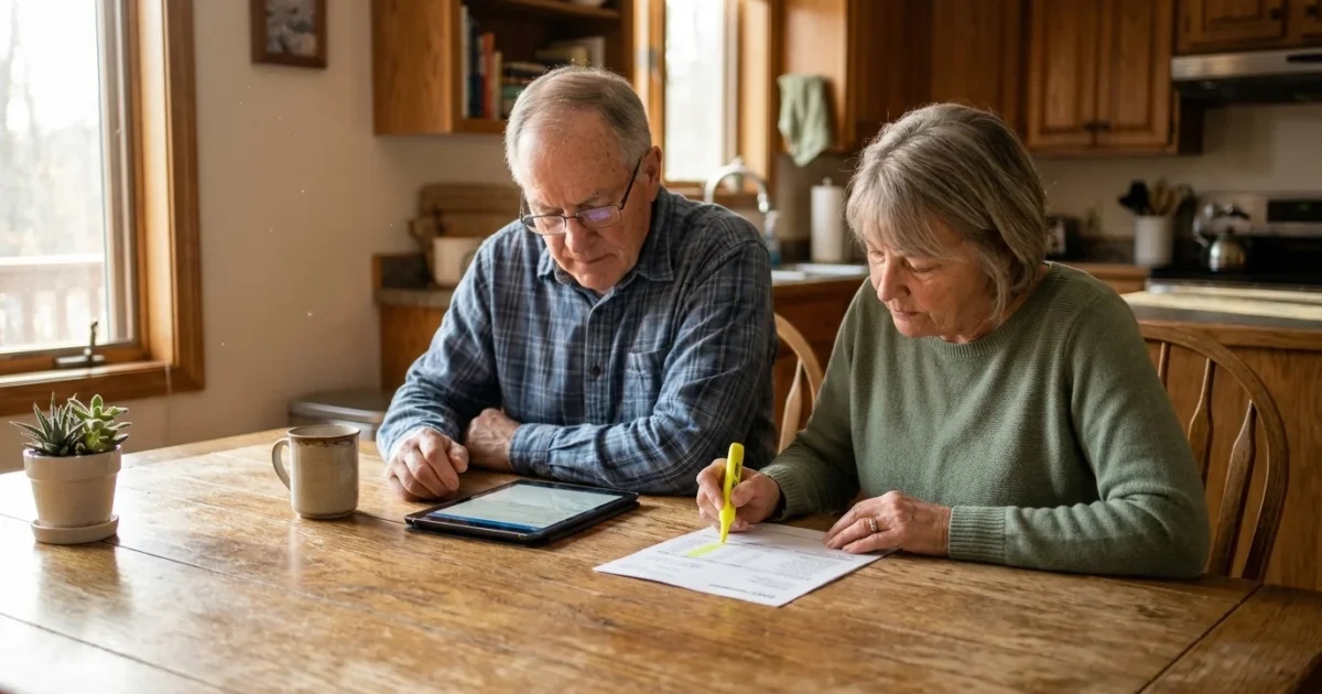 A senior couple sits at their sunlit kitchen table, calmly reviewing bank statements and a tablet together.